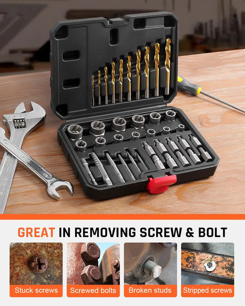 39 Piece Bolt Extractor Kit With Left Hand Drill Bits And Multi Spline Extractors for damaged bolts, in open case on workbench.