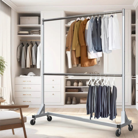 Commercial Grade Double Rod Garment Rack With Z Base, 63 Inch Tall, Holds Up To 600 Lb, Heavy Duty Steel in room setting