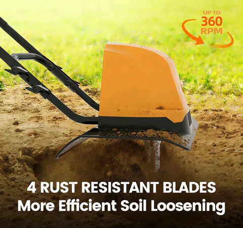 Beast Corded Garden Tiller Cultivator With Foldable Handle 14 Inch 12 Amp Motor Four Steel Tines in use on soil