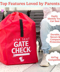 Go To Gate Check Car Seat Travel Bag For Airplane Lightweight Protective Cover For All Baby And Infant Car Seats Airport Essentials For Gate Check AirTag Compatible Red shown on an airport floor next to a seated person, highlighting features.
