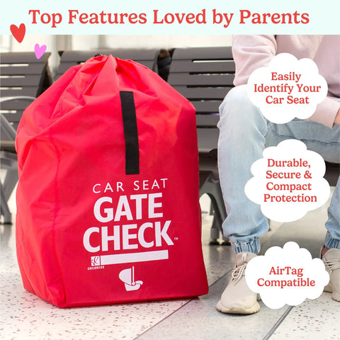Go To Gate Check Car Seat Travel Bag For Airplane Lightweight Protective Cover For All Baby And Infant Car Seats Airport Essentials For Gate Check AirTag Compatible Red shown on an airport floor next to a seated person, highlighting features.