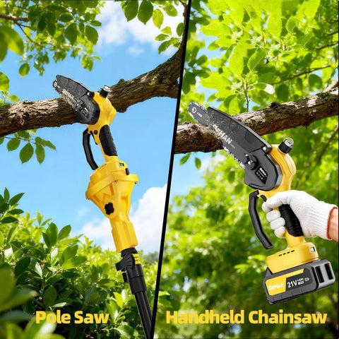 4-In-1 Electric Pole Saw With 9.2 Ft Reach, 6-Inch And 8-Inch Cordless Chainsaw cutting branches