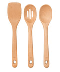 Three Piece Wooden Utensil Set with solid beechwood spoon, slotted spoon, and turner for everyday cooking, no fuss kitchen tools.