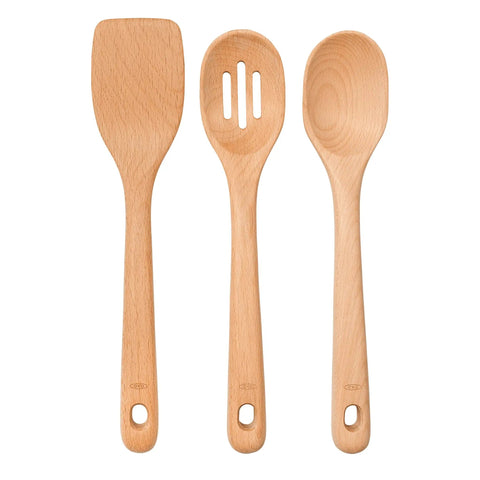 Three Piece Wooden Utensil Set with solid beechwood spoon, slotted spoon, and turner for everyday cooking, no fuss kitchen tools.
