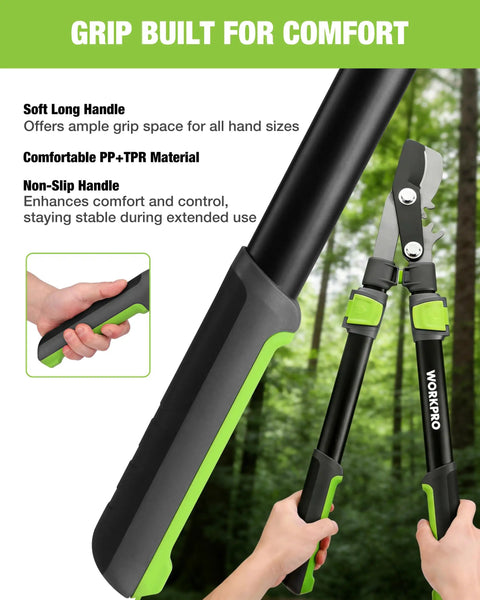 Close-up of Extendable Bypass Lopper with 25 to 37-inch telescoping handle for gardening, featuring soft grip for comfort and control.