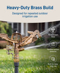Heavy Duty Brass Impact Sprinkler Head Offering Close And Far Coverage With Dual Nozzles For Total Lawn Protection With Robust 3/4 In Mpt Connection And Heavy Duty Brass Build Without Kinking Or Failure In Your Garden Setup, showing metal design and water spray.