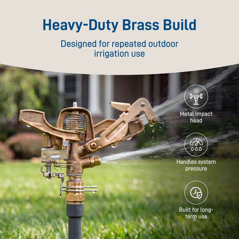Heavy Duty Brass Impact Sprinkler Head Offering Close And Far Coverage With Dual Nozzles For Total Lawn Protection With Robust 3/4 In Mpt Connection And Heavy Duty Brass Build Without Kinking Or Failure In Your Garden Setup, showing metal design and water spray.
