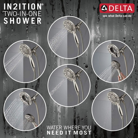 Arvo 14 Series Brushed Nickel Shower Faucet Set With In2ition 2 In 1 Dual Shower Head And Handheld Spray Combo Valve Trim Kit SpotShield Stainless 142840 SP I Valve Included shown in multiple angles with water flow displayed
