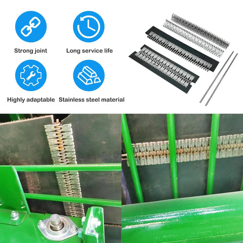 Six Point Eight Inch Lacing Splice Belt Fastener Set displayed with baler belts and pins in industrial setting