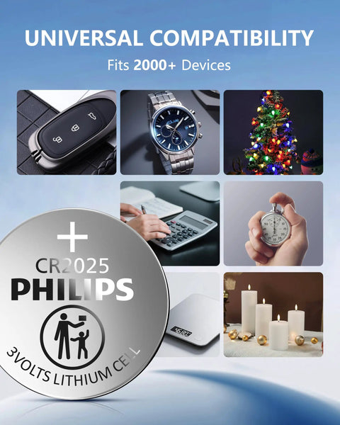 Straight Up Reliable CR2025 3V Lithium Button Cell Battery 5 Pack with images of key fob, watch, and calculator for universal compatibility.