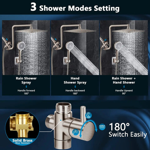 Diagram of 3 modes for 12 Inch Rainfall Shower Head Combo In Dope Brushed Nickel Finish with solid brass valve