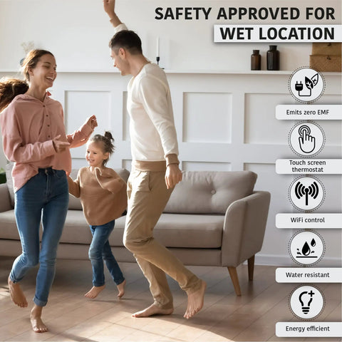 Family enjoying warm floors with Get Your Floors Toasty With A Self Adhesive Electric Floor Heating Mat System Featuring Programmable 7 Day Thermostat And Touchscreen Controls For Easy Install On Any Home Floor, approved for wet locations.