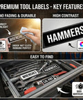 220 Piece Tool Box Labels Set For Mechanic Pros And Garage Storage High Contrast Black And White Identification Stickers For Tool Chests Rolling Cabinets And Workshop Organization 10 Sheets visible on tools and drawers.