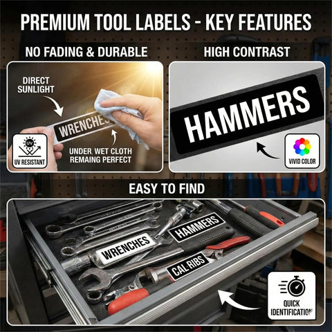 220 Piece Tool Box Labels Set For Mechanic Pros And Garage Storage High Contrast Black And White Identification Stickers For Tool Chests Rolling Cabinets And Workshop Organization 10 Sheets visible on tools and drawers.