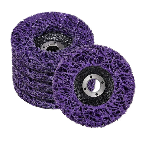 Stack of purple poly strip grinding discs for angle grinders 100 115 125mm rust removal and surface polishing durable abrasive disk