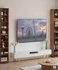 Tall 71 Inch Rustic Wood Bookshelf With 6 Adjustable Shelves in living room, elevated base, customizable shelf heights, brown.