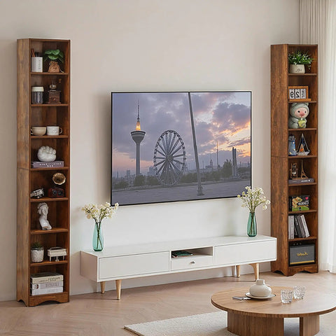 Tall 71 Inch Rustic Wood Bookshelf With 6 Adjustable Shelves in living room, elevated base, customizable shelf heights, brown.