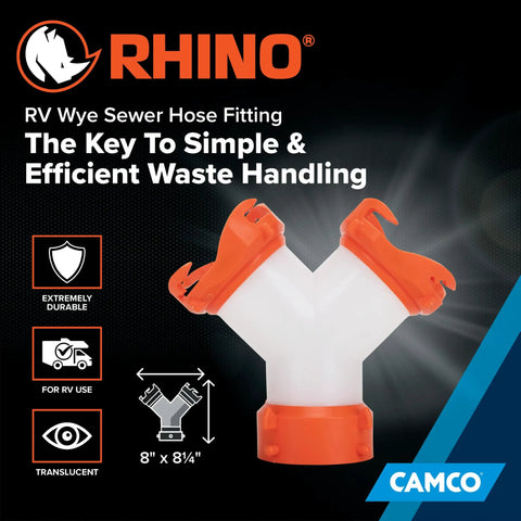 RhinoFLEX RV Sewer Wye Fitting For Dual Hoses To One Dump Station With 360 Degree Swivel Ends And Built In Gaskets
