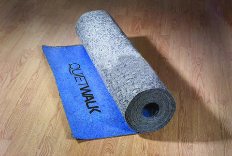 Heavy Duty Sound Dampening Underlayment Roll For Laminate And Hardwood Floors 3MM Thick showing grey roll on a brown floor.