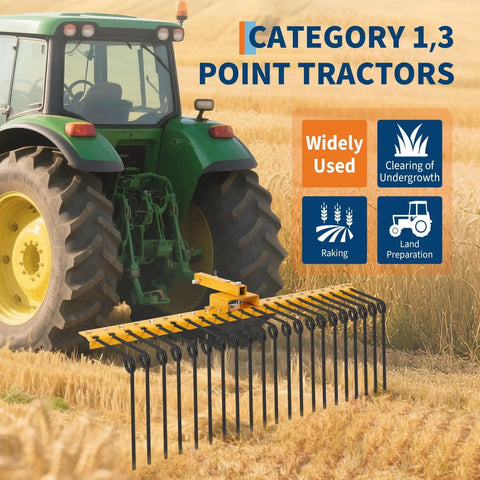 Tow Behind 60 Inch Dethatcher Rake With 21 Steel Tines for Tractors Category 1 Three-Point Hitch attached to green tractor