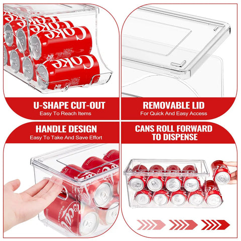 Two Pack Stackable Refrigerator Can Organizer with Lids holds 10 cans each, showcasing its design and functionality features.