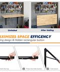 24 Inch Black Heavy Duty Folding Shelf Brackets, adjustable steel wall mount, unfolded and folded view in garage