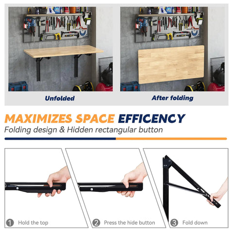 24 Inch Black Heavy Duty Folding Shelf Brackets, adjustable steel wall mount, unfolded and folded view in garage