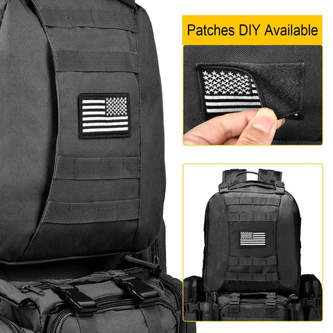 60L Tactical Backpack Rucksack for Outdoors Military Style with Detachable Front Bag and MOLLE System, USA flag patch detail