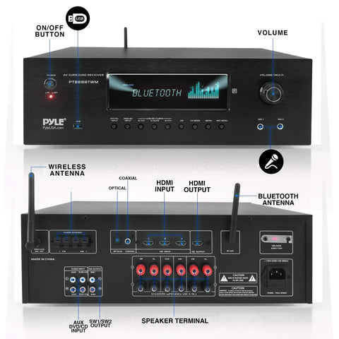 Front and back view of 1000W Bluetooth Home Theater Karaoke Receiver With Five Point Two Channel Stereo Amplifier Dual UHF Wireless Mics Video Pass Through MP3 USB HDMI AM FM Radio PT888BTWM5.