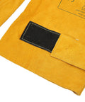 Close-up of Heavy Duty Cowhide Welding Sleeves Pair Self Adhesive Arm Guards Job Site Tough Hella Durable Spark Shield in golden yellow.
