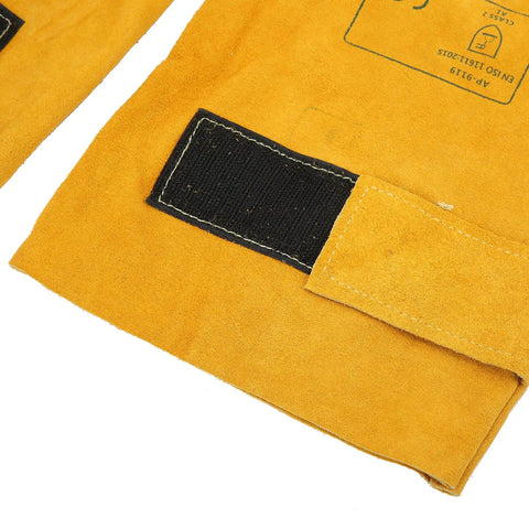 Close-up of Heavy Duty Cowhide Welding Sleeves Pair Self Adhesive Arm Guards Job Site Tough Hella Durable Spark Shield in golden yellow.