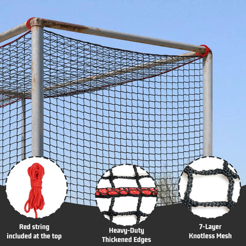 Heavy Duty Baseball Batting Cage Net With Door For Backyard And Indoor Practice 8 By 8 By 20 Feet Enclosed Hitting Netting Weather Resistant Polyester No Frame Included Ideal For Baseball And Softball Training, showing red string, thick edges, 7-layer mesh