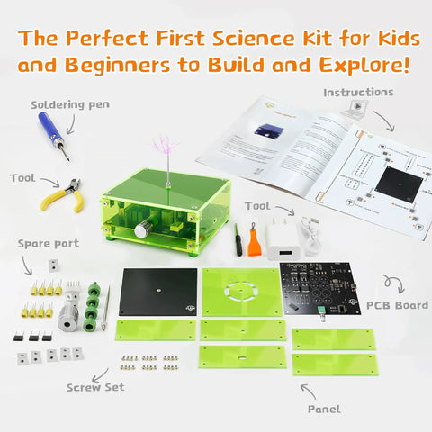 Hands On Tesla Lightning STEM Kit for Kids and Adults Build Your Own Tesla Coil Beginner Soldering Practice Kit for Teens 12 Plus Awesome Electrical Science Toys for Boys and Girls, green acrylic parts and guide