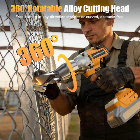 Man using Cordless Metal Shear For Dewalt 20V Max Batteries, Brushless Electric Sheet Metal Cutter Tool Only on metal fence