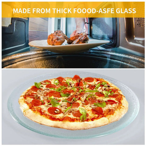 9.6 Inch Microwave Glass Plate Replacement Turntable With Universal Fit For Small Microwave Ovens, Heat Resistant Dishwasher Safe Glass Plate with pizza and chicken.