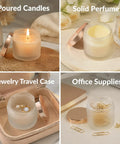 Score 16 Fresh 2 Oz Frosted Glass Sample Jars With Sleek Rose Gold Screw Caps And Tight Inner Liners Boss Grade Vessels For Body Butters Lotions Scrubs Cosmetics And Diy Crafts displayed as candles, perfumes, jewelry, and office supplies.