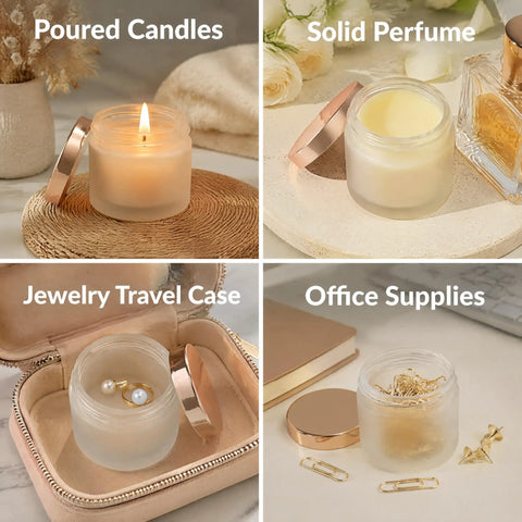 Score 16 Fresh 2 Oz Frosted Glass Sample Jars With Sleek Rose Gold Screw Caps And Tight Inner Liners Boss Grade Vessels For Body Butters Lotions Scrubs Cosmetics And Diy Crafts displayed as candles, perfumes, jewelry, and office supplies.