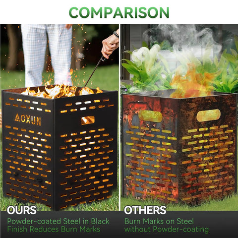 Comparison of 63 Gallon Ultra Thick Burn Barrel for Yard Waste with burn cage showcasing durable black steel vs rusting steel burn marks.