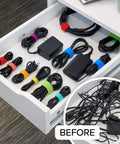 Drawer showing organized cables with colorful ties from the Comprehensive Cable Management Value Pack With 40 Self Gripping Ties 20 Labels And 12ft Perforated Roll For Home Office Desk Wire Organization And Quick Cord Wrap Keeps Cords Neat And Tidy.