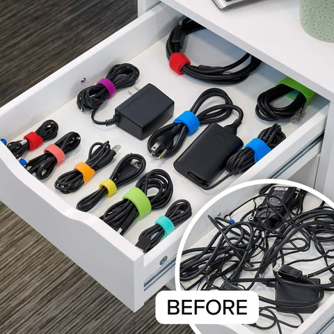 Drawer showing organized cables with colorful ties from the Comprehensive Cable Management Value Pack With 40 Self Gripping Ties 20 Labels And 12ft Perforated Roll For Home Office Desk Wire Organization And Quick Cord Wrap Keeps Cords Neat And Tidy.