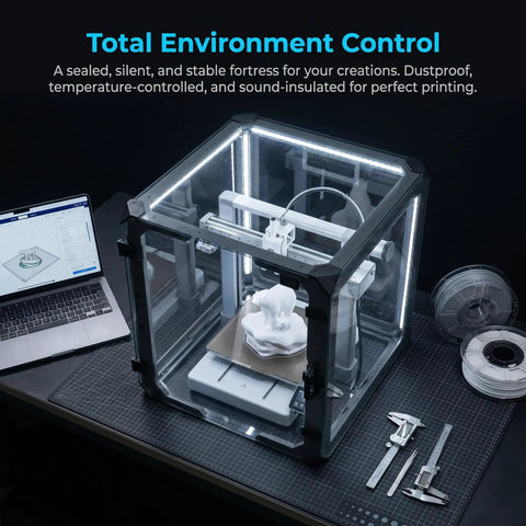 Rock Solid 24 Inch Clear Acrylic 3D Printer Enclosure With Integrated Bright Led Lighting And Digital Climate Gauge showcasing printer, workspace, and tools.
