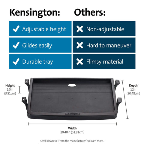 Underdesk Keyboard Drawer Black Smooth Ride Computer Tray Adjustable Mount Four Heights Saves Real Desk Space Straight Up Zero Hassle Office Workspace Setup with adjustable height and smooth glide features.