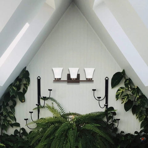 Bayfield Three Light Wall Bath Vanity Fixture In Bronze, Modern Steel Frame, Easy Install, Slim 6.63 X 20 X 7.75 Inch Design, Timeless Style displayed