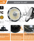 Heavy Duty Led High Bay Lights With Motion Sensor 8 Pack Adjustable Wattage Plug And Play Design Zero Ten V Dimming showing water resistance and heat dissipation features.