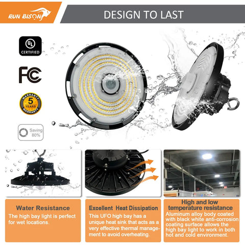 Heavy Duty Led High Bay Lights With Motion Sensor 8 Pack Adjustable Wattage Plug And Play Design Zero Ten V Dimming showing water resistance and heat dissipation features.