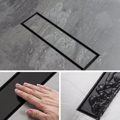 26 Inch Linear Shower Drain With Removable 2 In 1 Cover Tile Insert Grate Rectangle Shower Floor Drain SUS304 Stainless Steel Matte Black