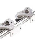Apex Stainless Steel Sliding Barn Door Hardware Kit 8 Foot Track Double Door Kit with top mount rollers on a polished rail.