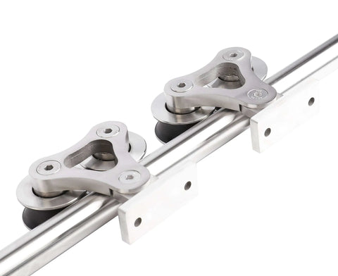 Apex Stainless Steel Sliding Barn Door Hardware Kit 8 Foot Track Double Door Kit with top mount rollers on a polished rail.