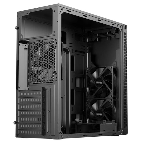 Black USB 3.0 Steel ATX Mid Tower PC Case With Front 2x120mm And Rear 1x120mm Preinstalled Fans Supports Up To 370mm Graphics Card And 166mm CPU Cooler Top USB 3.0 IO Solid Cable Management Micro ATX And Mini ITX Compatible empty interior view