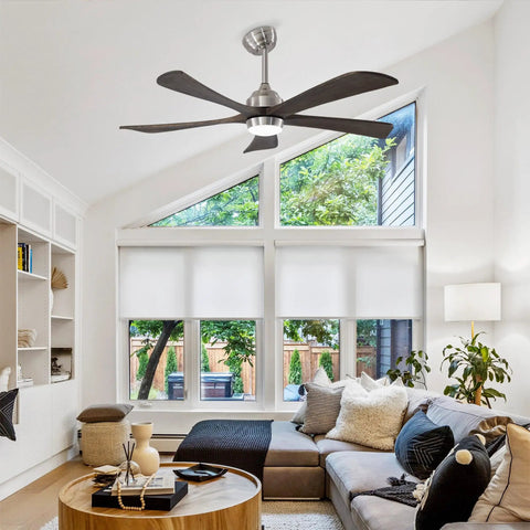 Neojoyoenix 52" 5PCS Solid Wood Blades Ceiling Fan with Lights Remote Control, installed in a bright living room.